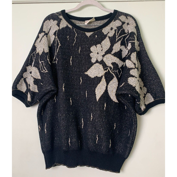Vintage Excelsior Sweater Top Floral Print Black Gray Gold Accent - Picture 5 of 10